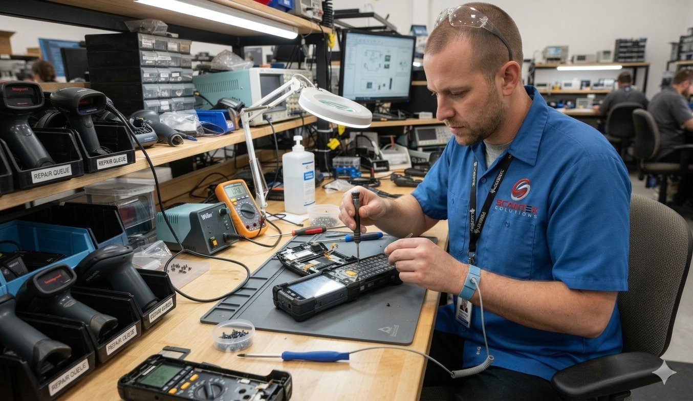 Technicien réparant un terminal portable à l'atelier