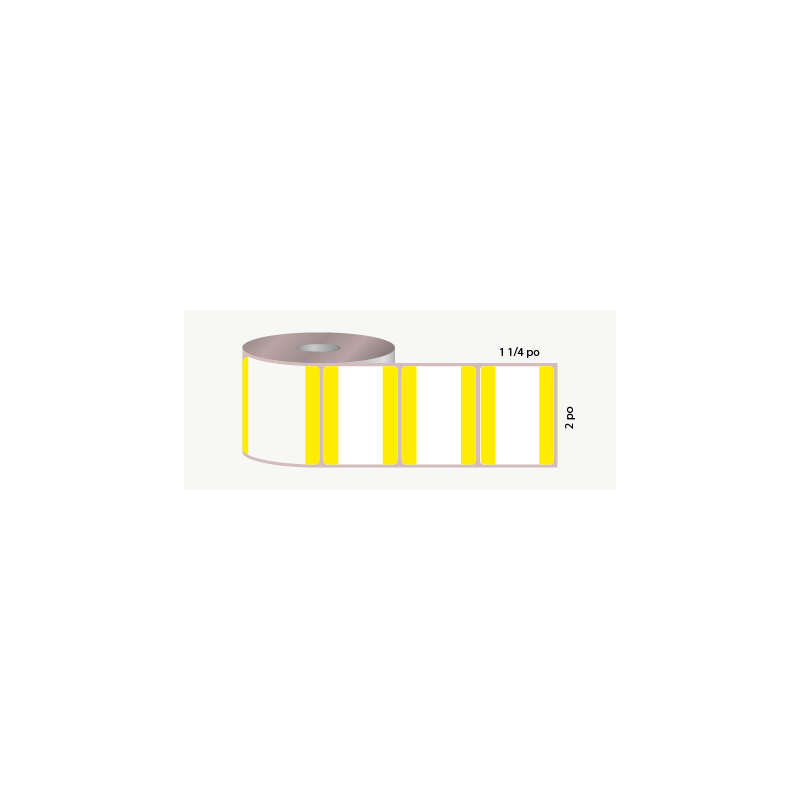 D.T. 2" x 1 1/4", 1 1/2 in. core, 1000 labels, permanent adhesive, white with 2 yellow stripes, not perforated