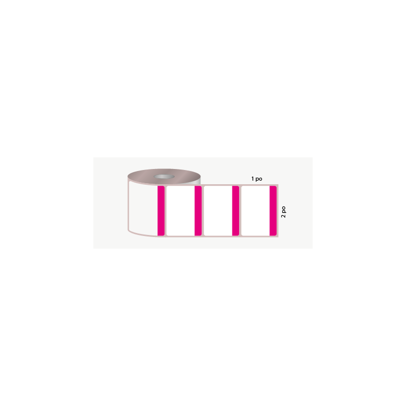 D.T. 2" x 1", 3 in. core, 5000 labels, hot melt adhesive, white with fuchsia stripe