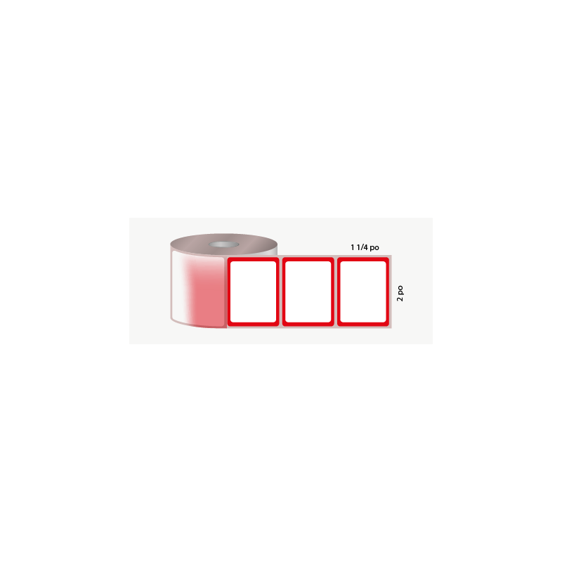 D.T. 2" x 1 1/4", 3 in. core, 5000 labels, hot melt adhesive, white with red outline, perforated