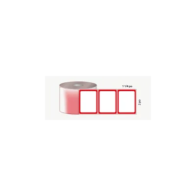 D.T. 2" x 1 1/4", 3 in. core, 5000 labels, hot melt adhesive, white with red outline, perforated