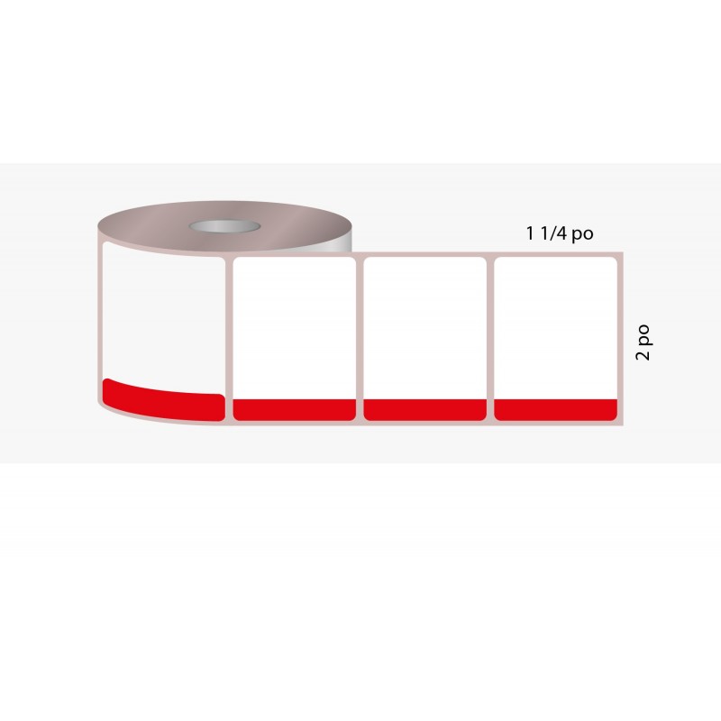 D.T. 2" x 1 1/4", 1 in. core, 1000 labels, hot melt adhesive, white with red stripe, perforated, wound outside