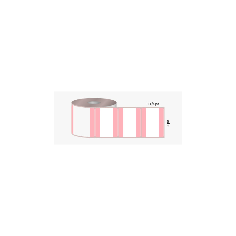 D.T. 2" x 1 1/4", 1 in. core, 1000 labels, permanent adhesive, white with pink stripe, perforated